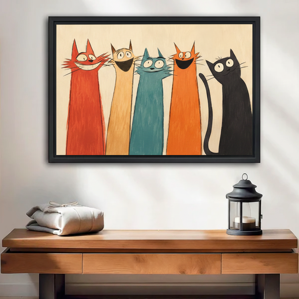 Mid-century modern funny five cats framed canvas wall art above wooden console table with lantern in entryway