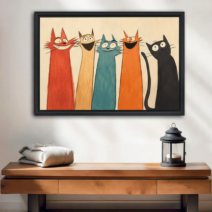 Mid-century modern funny five cats framed canvas wall art above wooden console table with lantern in entryway