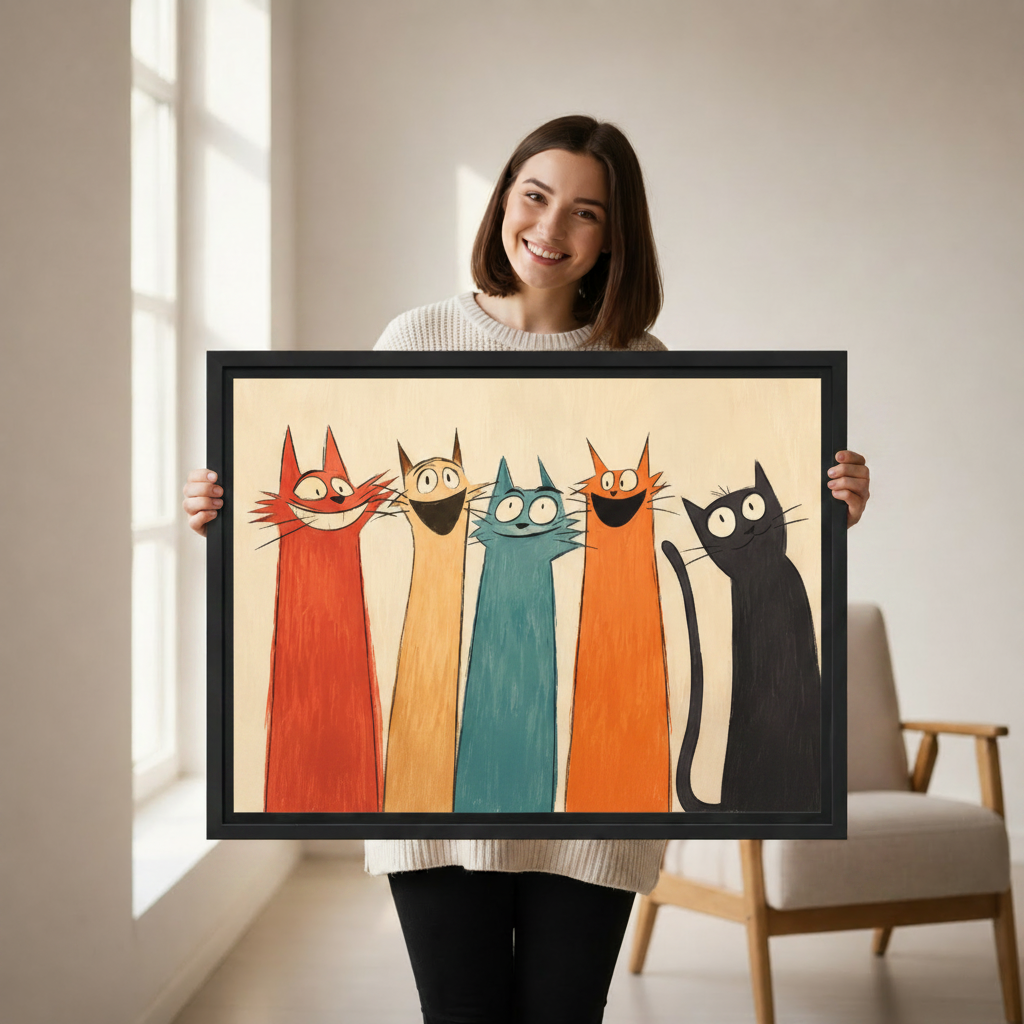 Smiling woman holding large mid-century modern funny cats framed canvas print showing artwork size and vibrant colors
