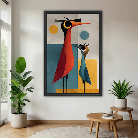 Mid-century modern geometric birds canvas wall art in black floating frame displayed in bright living room with plants and round wood table