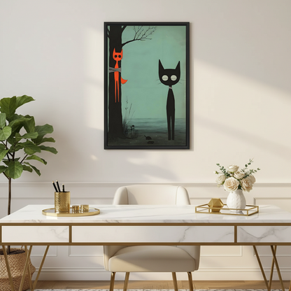 Mid-century modern gothic cats lakeside framed canvas art hung above a marble desk with gold accessories in a bright elegant office
