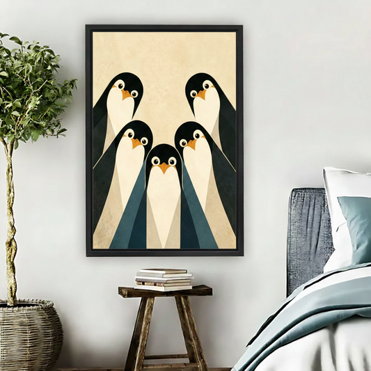 Geometric penguin family framed canvas bedroom wall art warm cream tones mid-century modern print