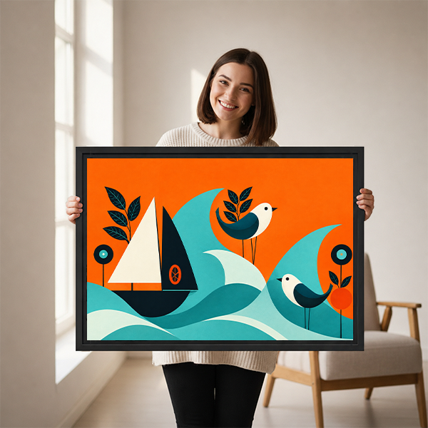 Framed mid-century sailboat and birds canvas wall art above a white bed in a bright bedroom.