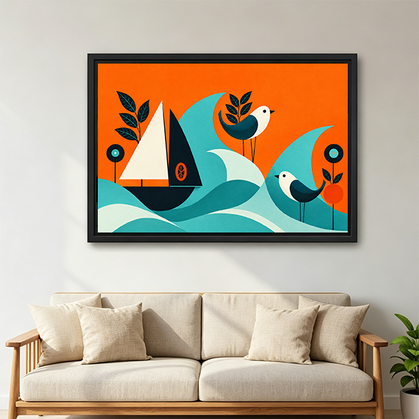 Mid-century sailboat and birds canvas wall art above a console, combining turquoise waves with bold orange.