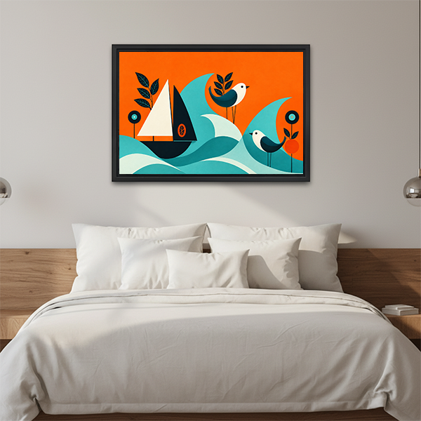 A woman holds mid-century sailboat and birds canvas wall art featuring stylized waves, birds, leaves, and sails.