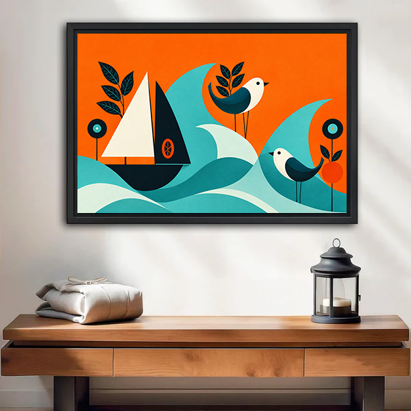 Mid-century sailboat and birds canvas wall art above a sofa, featuring teal waves, cream sails, and orange accents.