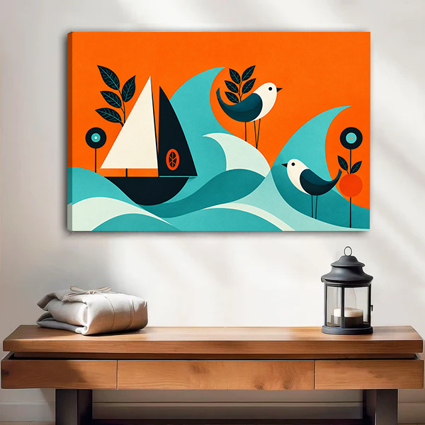 Unframed mid-century sailboat and birds canvas art above a wooden console with a black lantern.