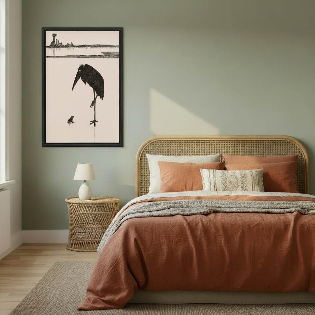 Minimalist bird and frog canvas wall art displayed above a warm neutral bed in a peaceful bedroom.