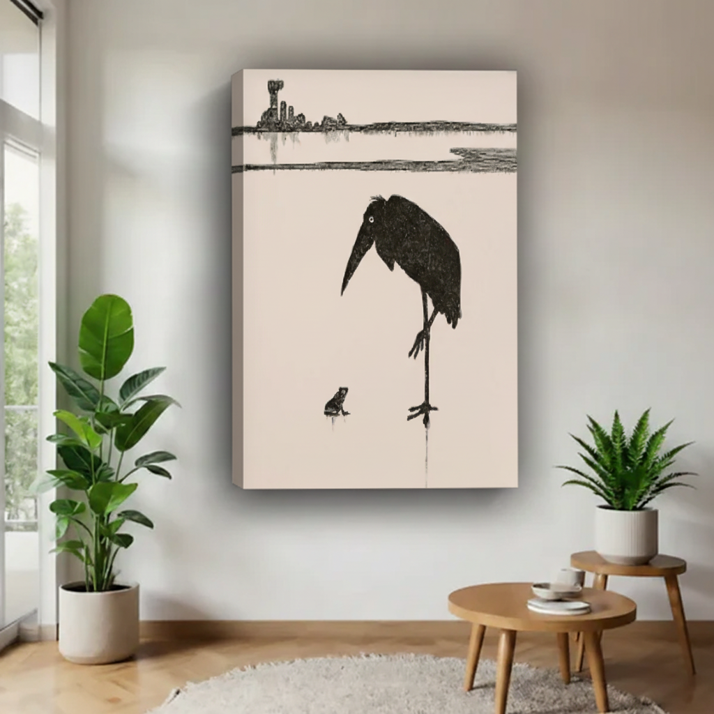 Minimalist bird and frog canvas wall art shown as a textured gallery-wrap piece with soft ivory edges.