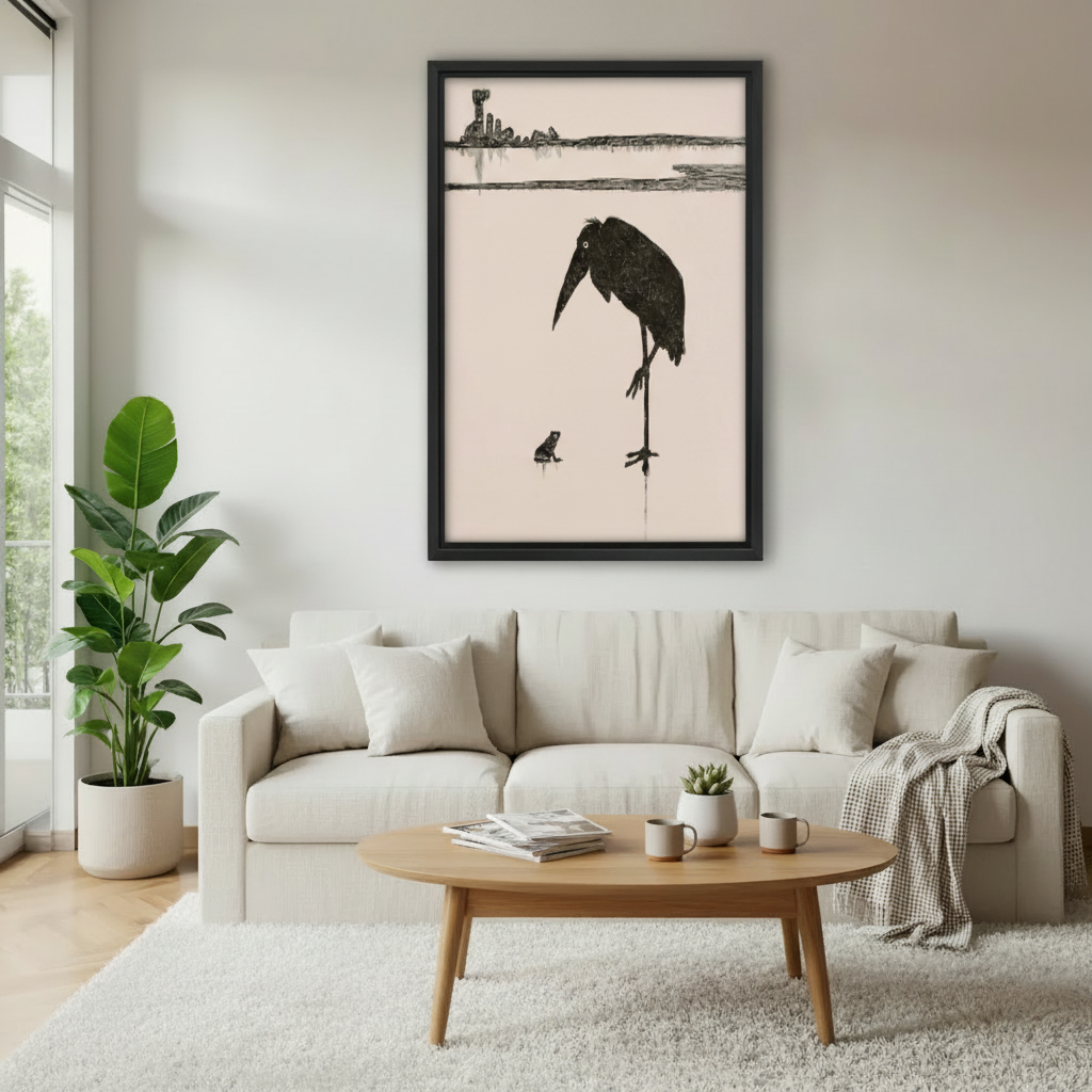 Minimalist bird and frog canvas wall art displayed above a white sofa in a bright contemporary living room.