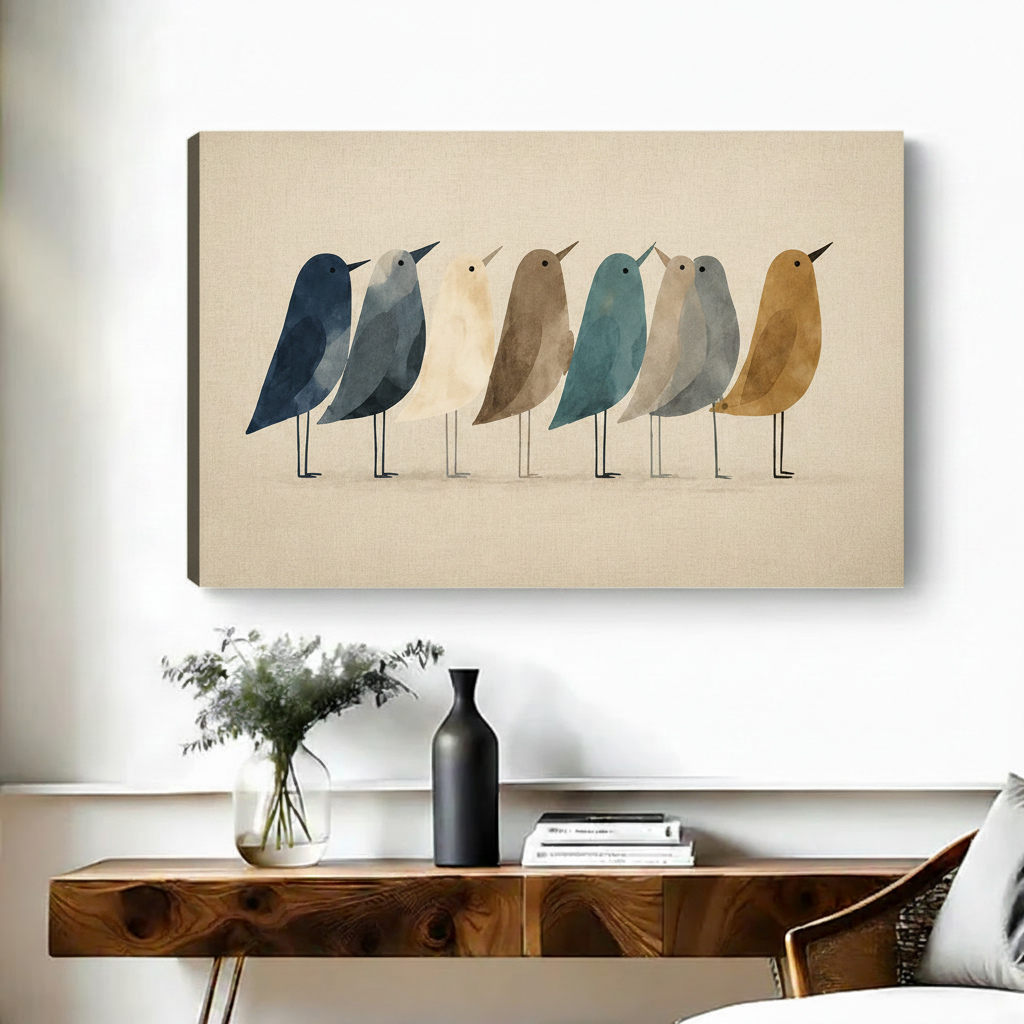 Minimalist bird art print gallery wrap displayed above wooden console table in scandi interior