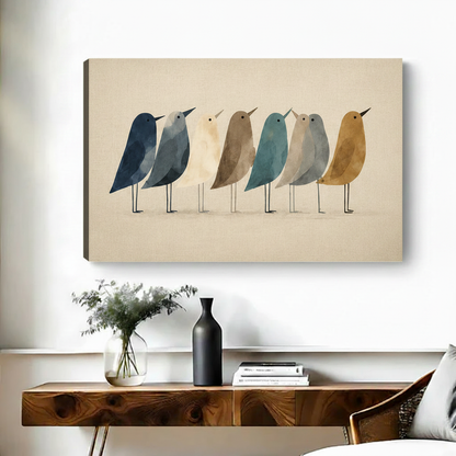 Minimalist bird art print gallery wrap displayed above wooden console table in scandi interior