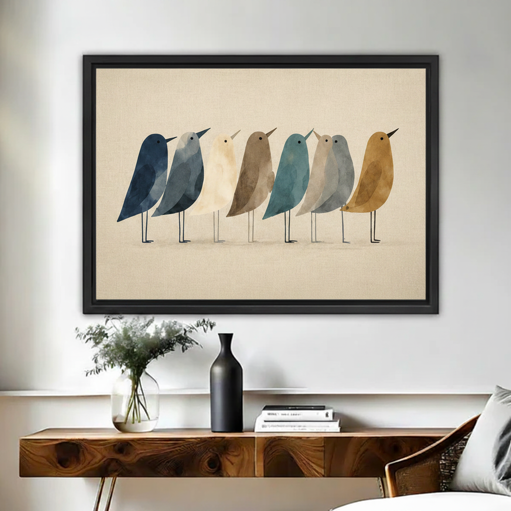 Minimalist birds canvas wall art in black frame above walnut console with vase in neutral living room