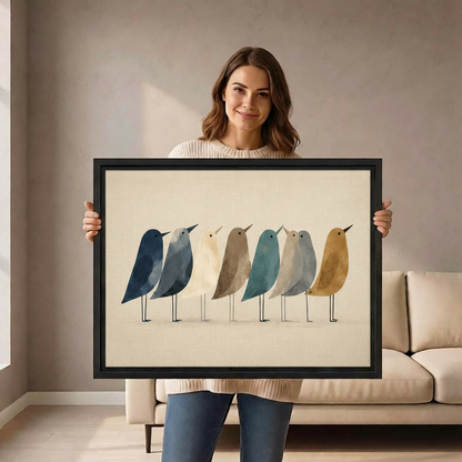 Woman holding minimalist birds canvas wall art in black float frame in modern living room