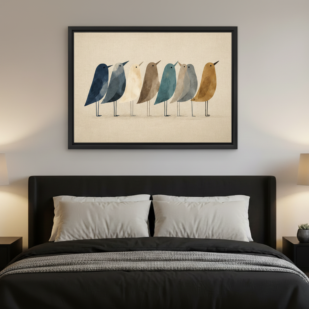 Framed minimalist birds canvas wall art hung above dark bed in contemporary bedroom setting