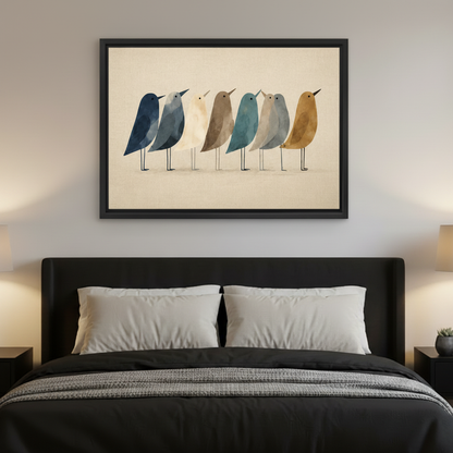 Framed minimalist birds canvas wall art hung above dark bed in contemporary bedroom setting