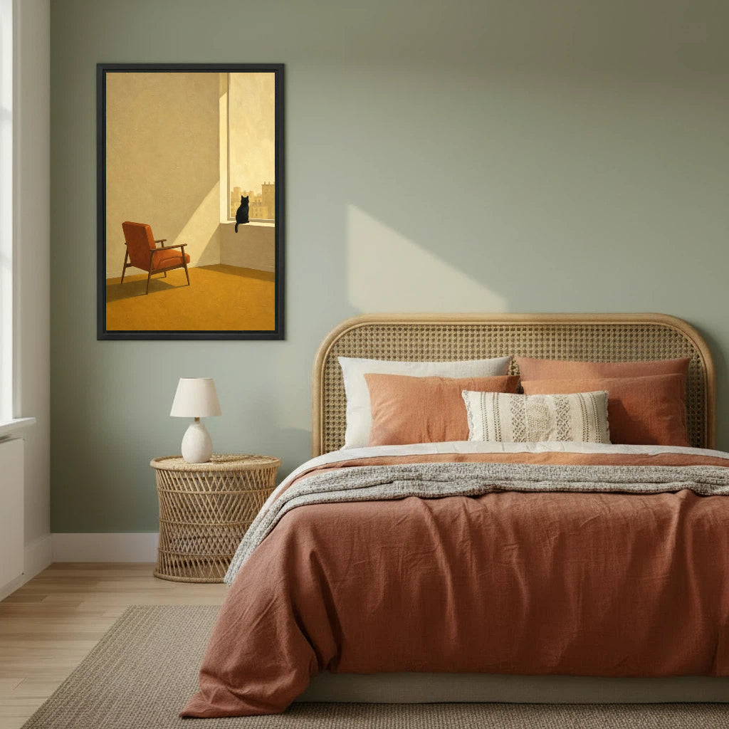 Black cat window framed canvas wall art on sage green bedroom wall above rattan bed with terracotta bedding