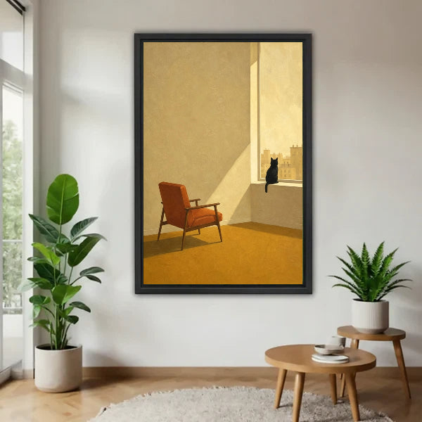 Minimalist black cat window canvas wall art in black frame displayed in modern living room with indoor plants