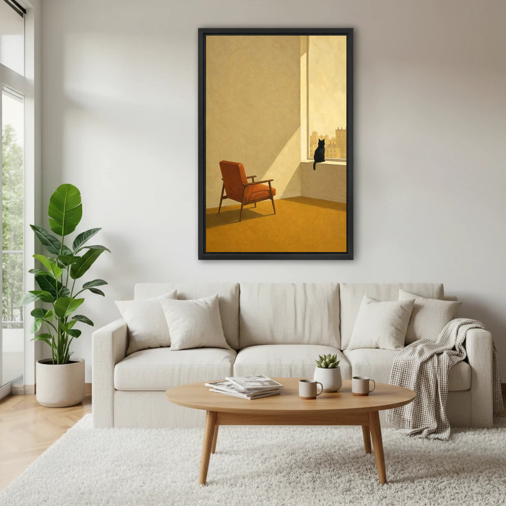 Framed minimalist black cat painting above white sofa in bright Scandinavian living room with coffee table