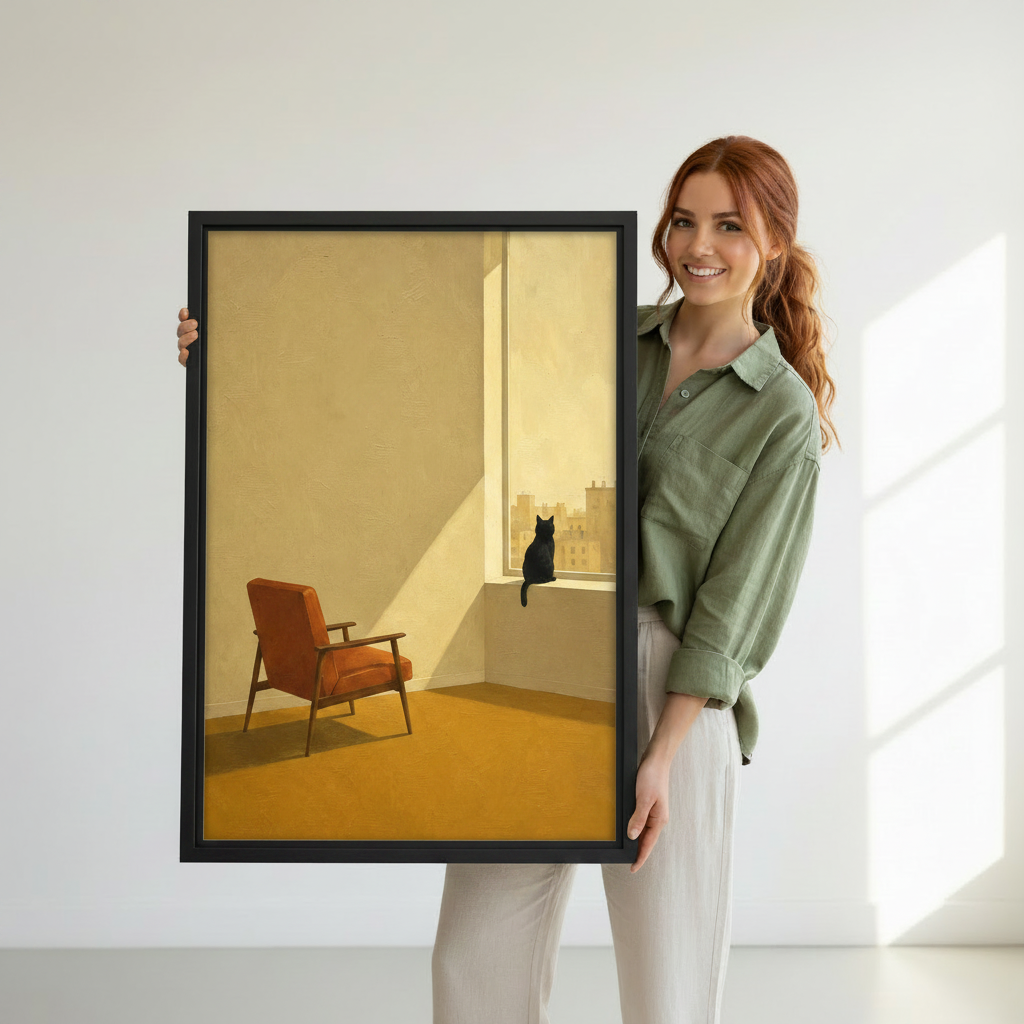 Woman holding framed minimalist black cat canvas wall art showing size reference against white studio wall