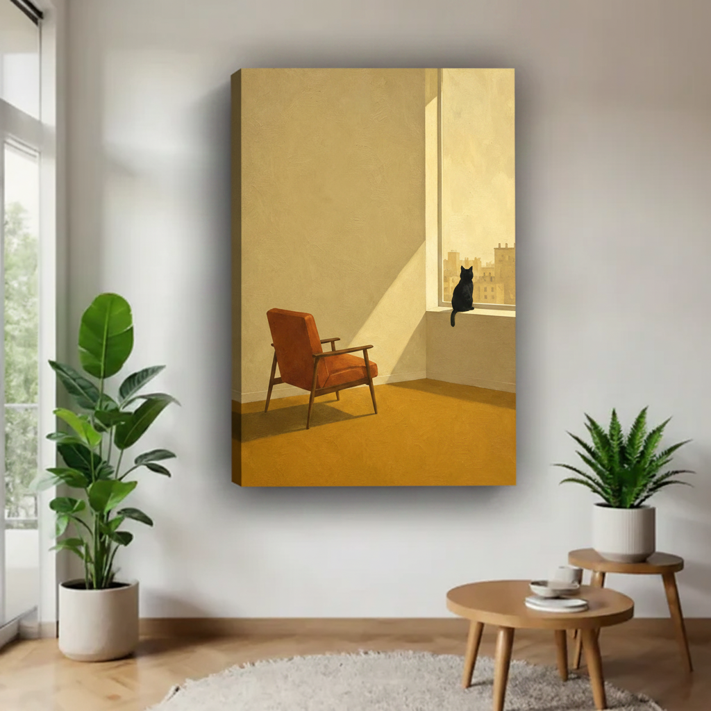 Gallery wrap black cat window canvas art displayed frameless on white wall between two potted plants