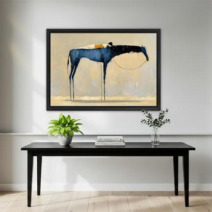 Minimalist abstract blue horse framed wall art mounted above a black console table with green plant and vase in a bright interior