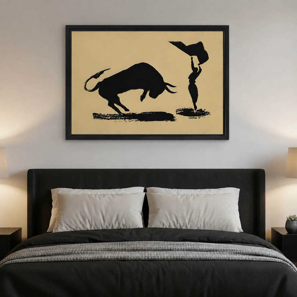 Framed minimalist bull and matador canvas wall art displayed above a modern black bed