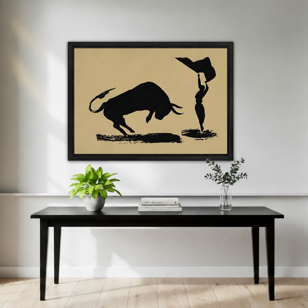 Black framed minimalist bull and matador canvas wall art above a contemporary entryway table