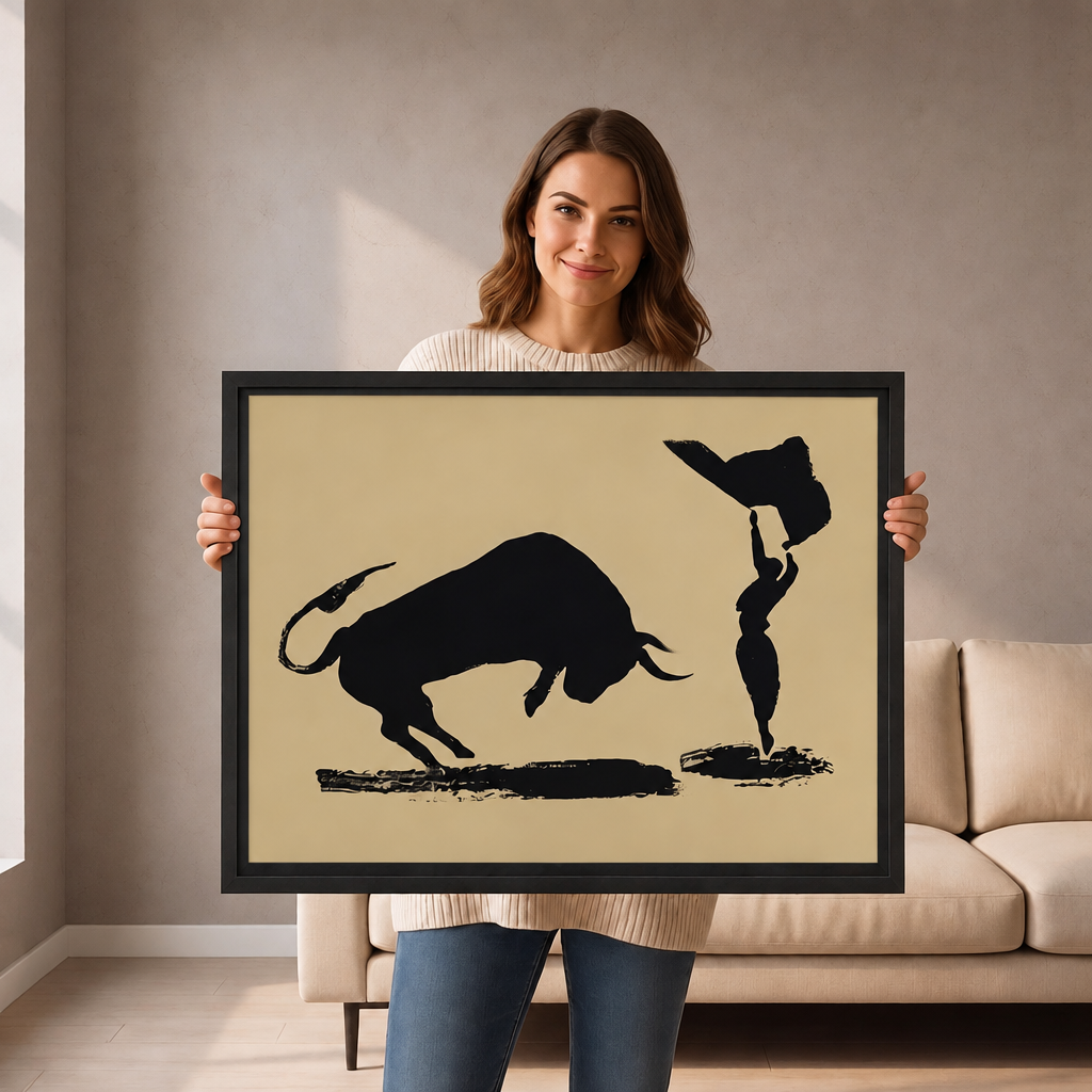 Woman holding large framed minimalist bull and matador canvas wall art