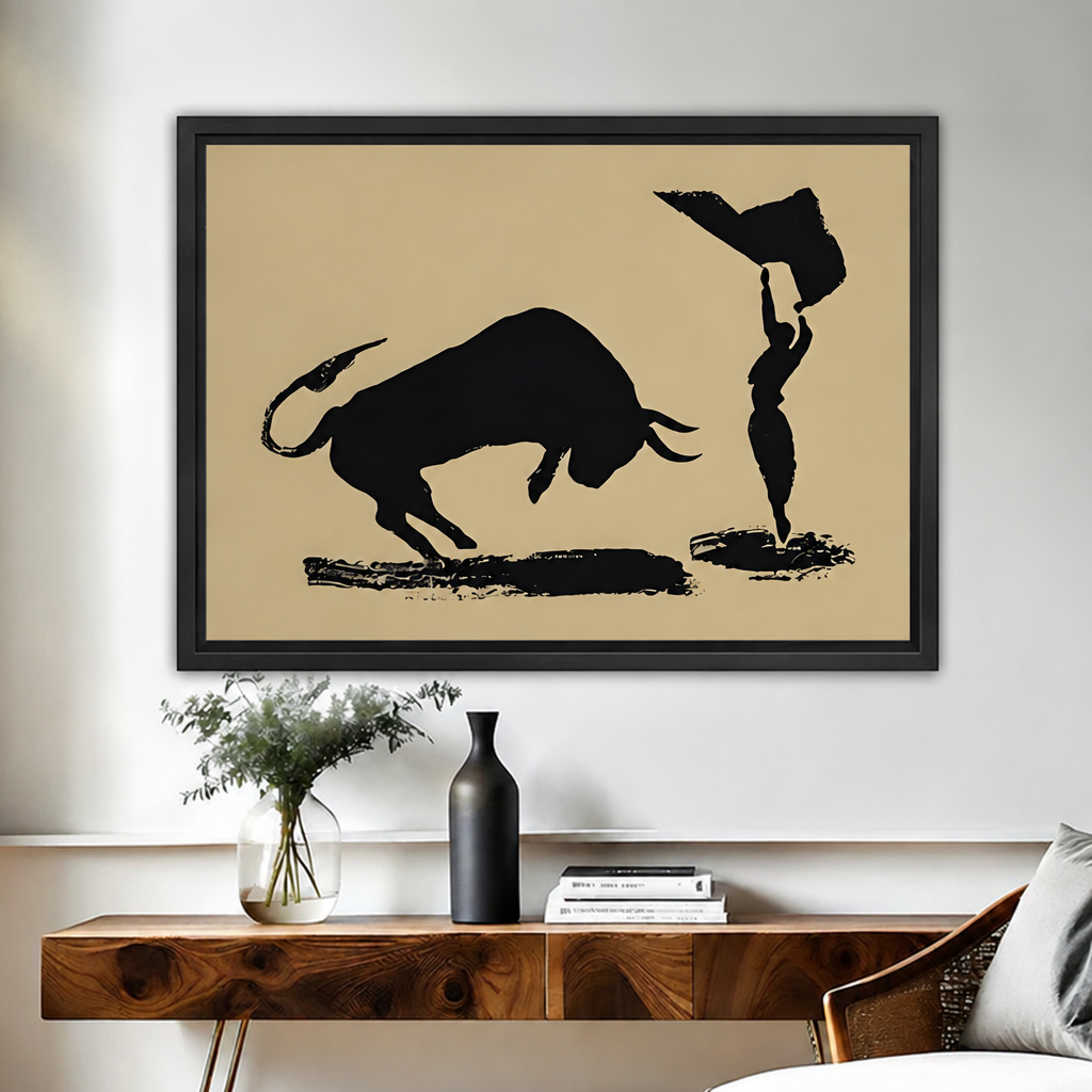 Framed minimalist bull and matador canvas wall art displayed above a wooden console table