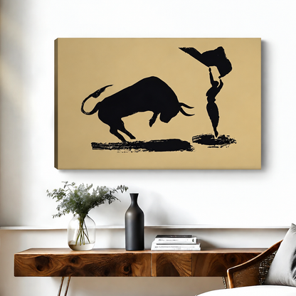 Minimalist bull and matador gallery-wrap canvas featuring bold black silhouettes on a beige background