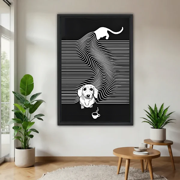 Framed minimalist cat and dachshund black and white canvas wall art in a modern living room with plants
