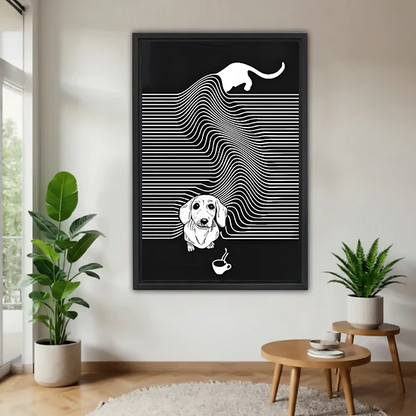 Framed minimalist cat and dachshund black and white canvas wall art in a modern living room with plants
