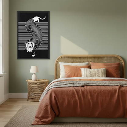 Framed minimalist cat and dachshund black and white wall art above a rattan bed in a sage green boho bedroom