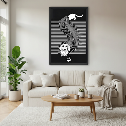 Black framed minimalist cat and dachshund canvas wall art hung above a cream sofa in a Scandinavian living room