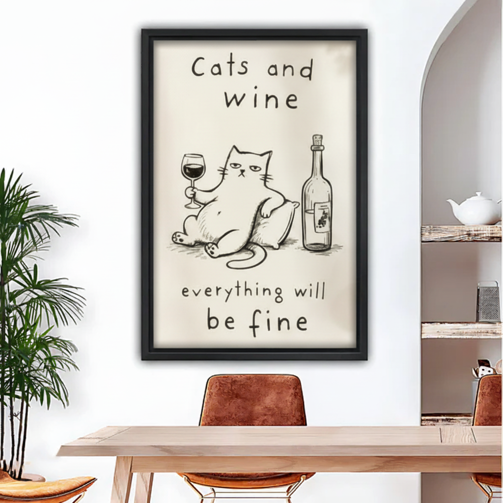  Framed cats and wine canvas wall art styled above a dining table beside a plant
