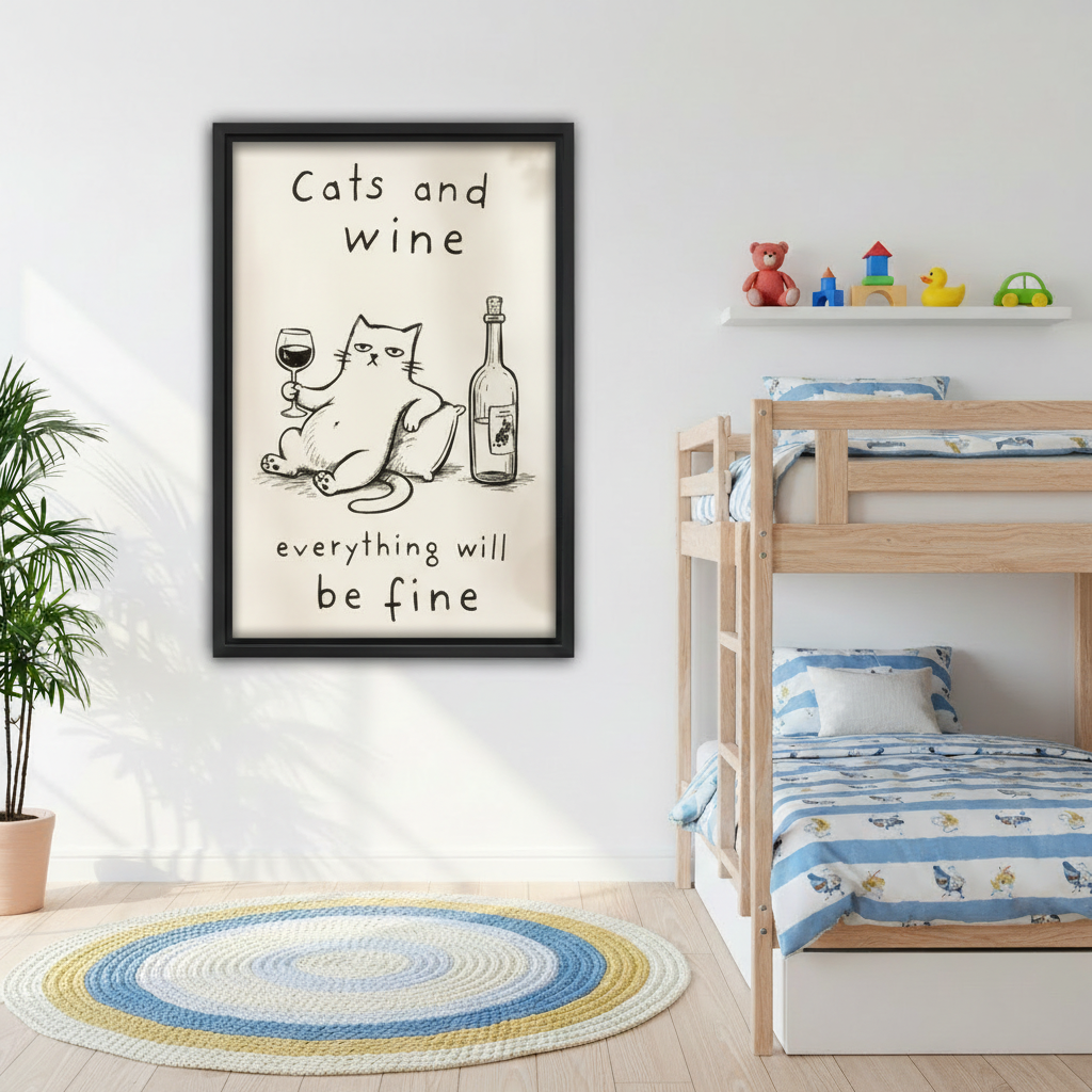 Cats and wine canvas wall art adding playful charm to a bright children's bedroom