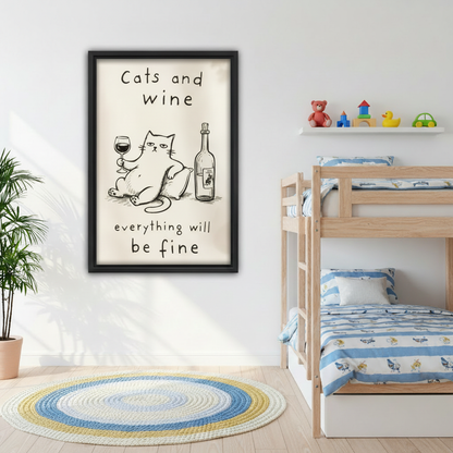 Cats and wine canvas wall art adding playful charm to a bright children's bedroom