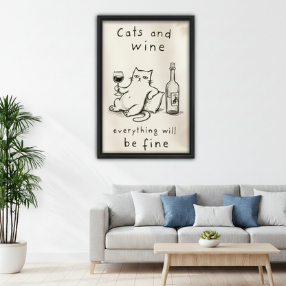  Framed cats and wine canvas wall art displayed above a sofa in a modern living room