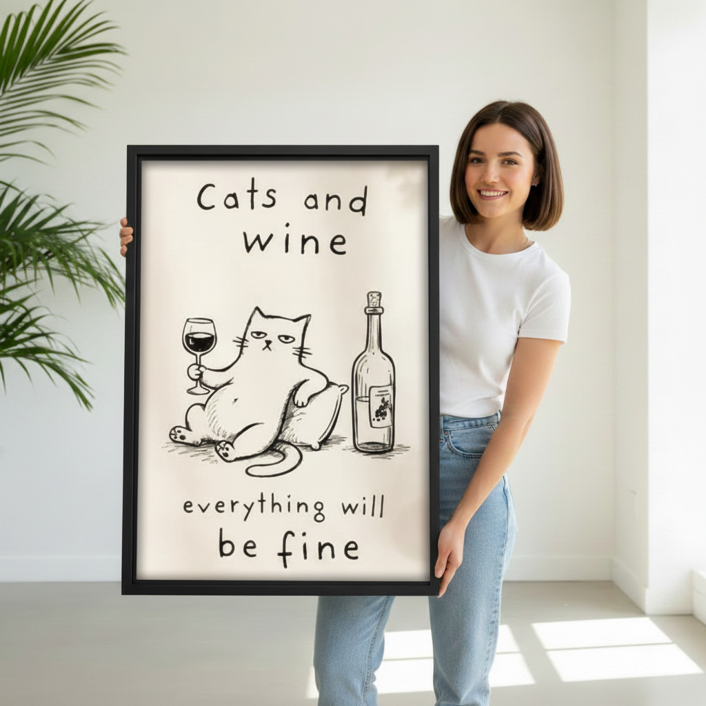  Woman holding cats and wine canvas wall art to show the framed artwork scale