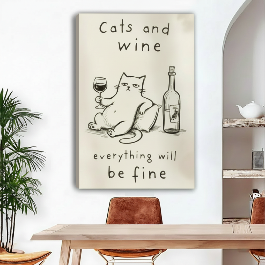 Gallery-wrap cats and wine canvas wall art displayed above a dining table in a bright interior