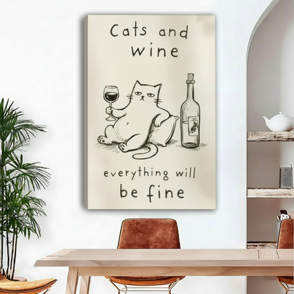 Gallery-wrap cats and wine canvas wall art displayed above a dining table in a bright interior