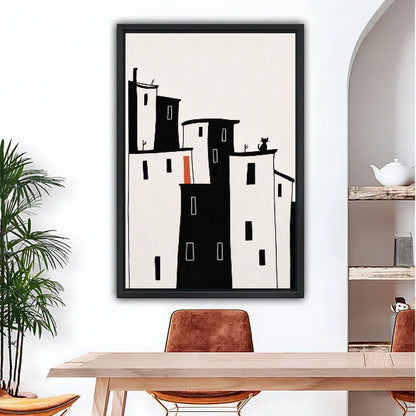 Minimalist city cat framed canvas wall art hung above dining table in modern white room