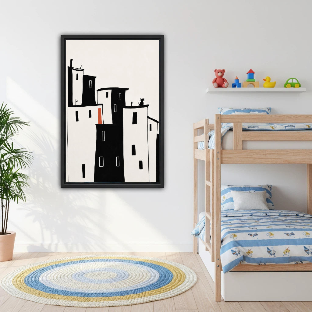 Black and white city cat framed canvas print displayed in bright kids bedroom with bunk bed