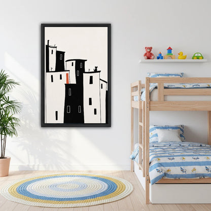 Black and white city cat framed canvas print displayed in bright kids bedroom with bunk bed