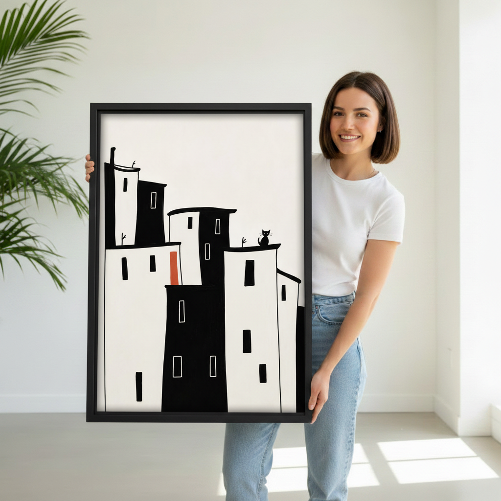 Woman holding large minimalist city cat framed canvas print with black float frame