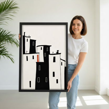 Woman holding large minimalist city cat framed canvas print with black float frame
