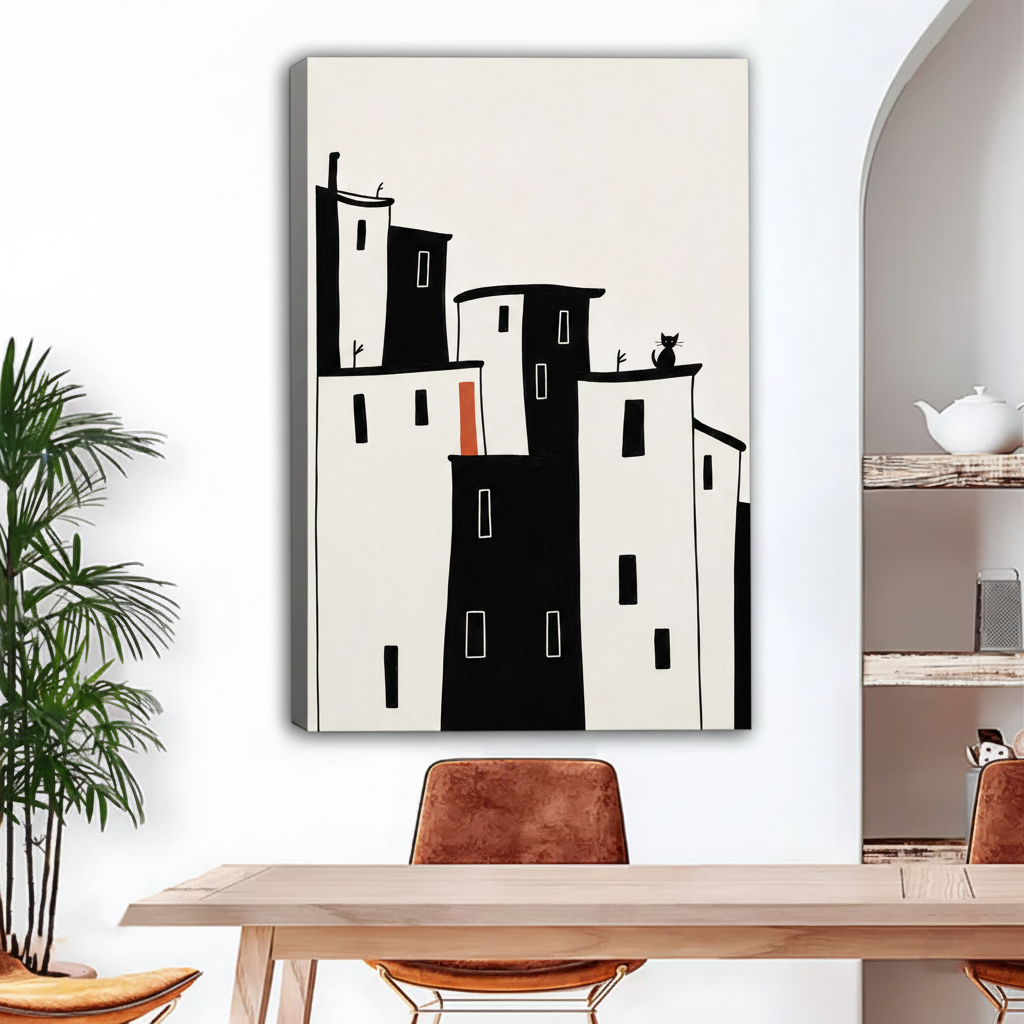 Gallery wrap city cat canvas art with orange accent leaning against wall in dining room