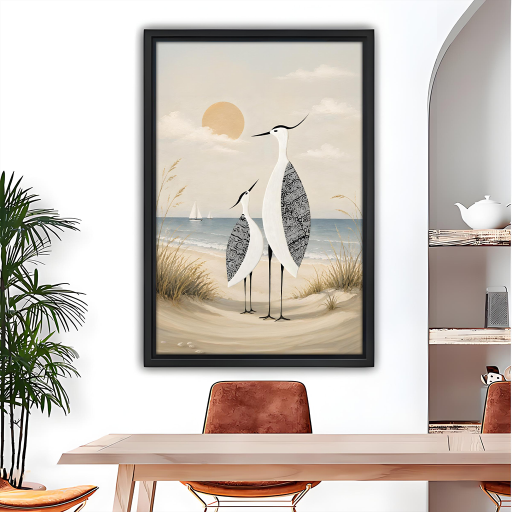 Minimalist coastal heron pair with patterned wings framed canvas wall art above dining table