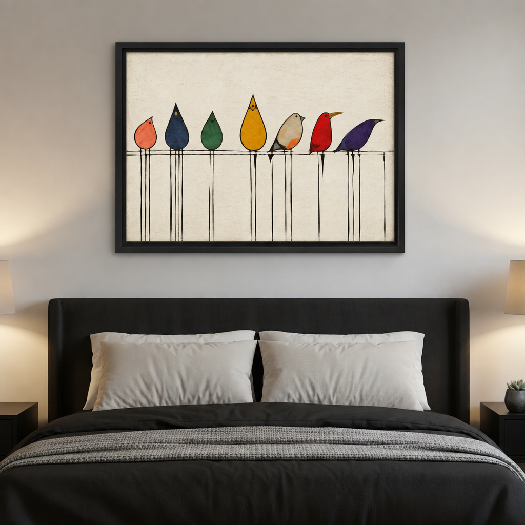 Minimalist colorful birds canvas wall art hangs above a bed in a softly lit bedroom.